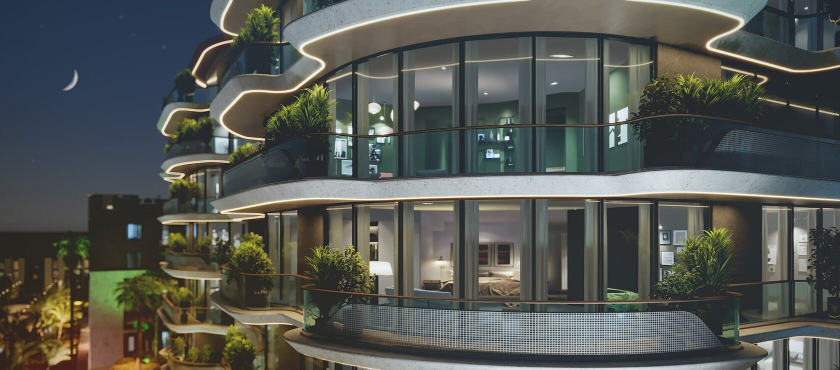 NEXT Coral: The entrance after dark · Architectural rendering