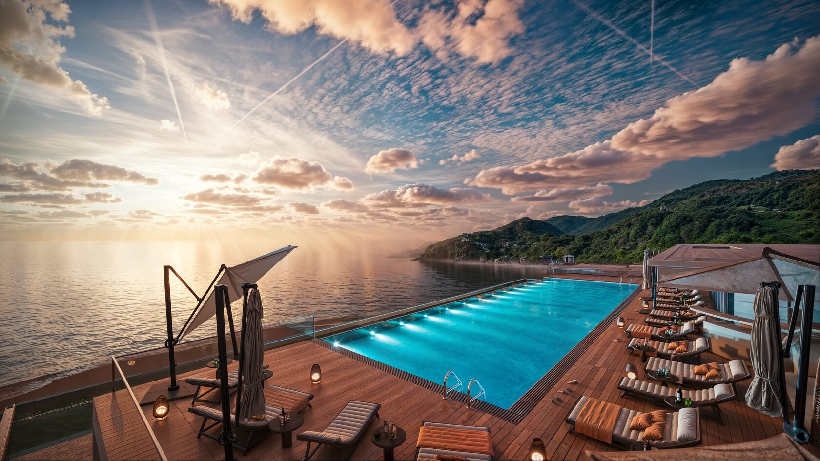 NEXT Gardens: The pool terrace at sunset · Official project imagery