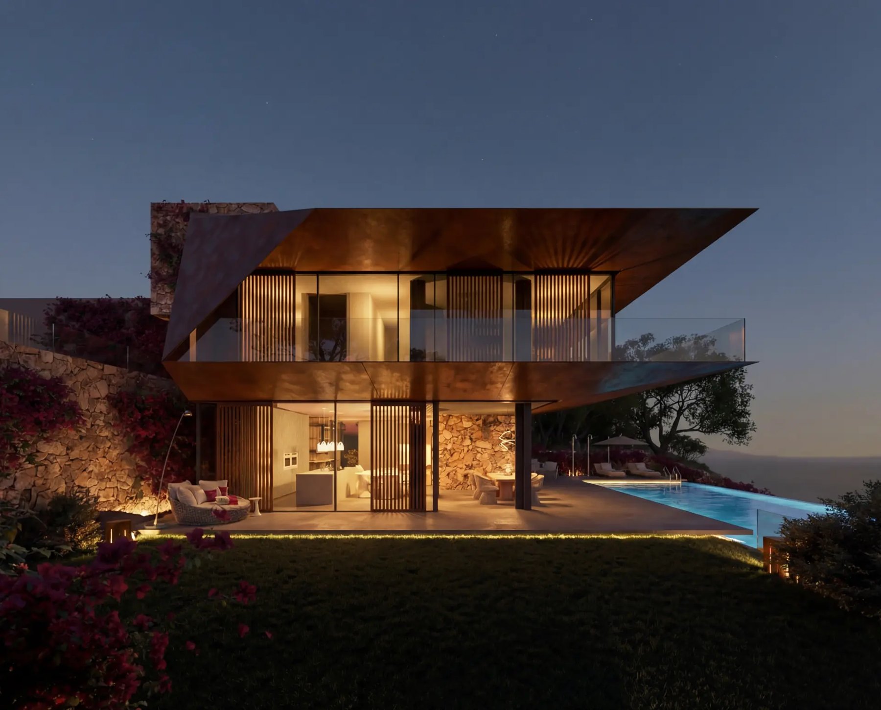 Villa Perla by NEXT: Architecture at dusk · Architectural rendering