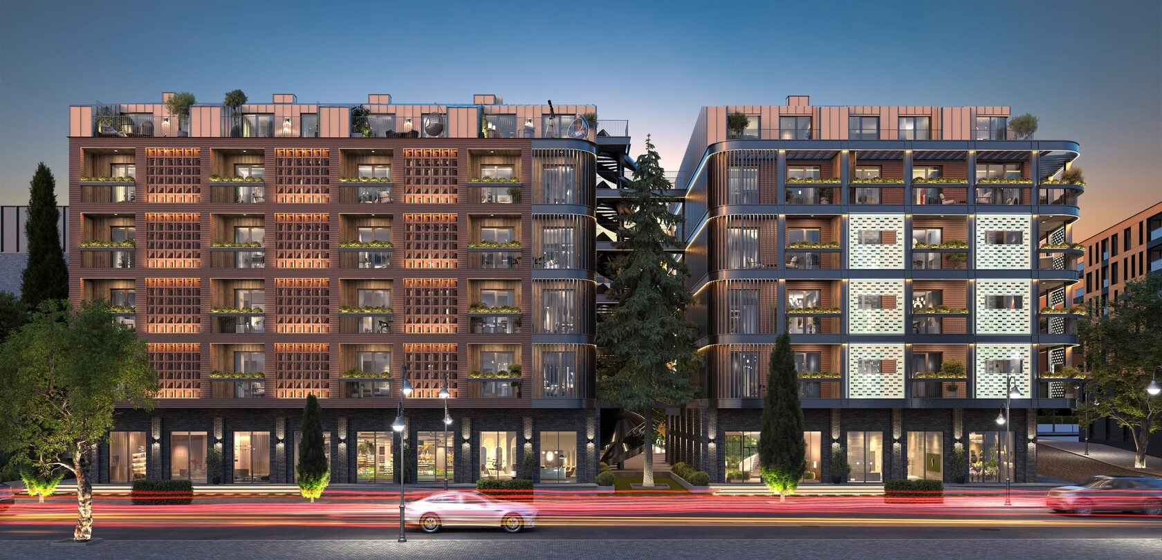 Tbilisi Downtown by NEXT: A city address at dusk · Architectural rendering