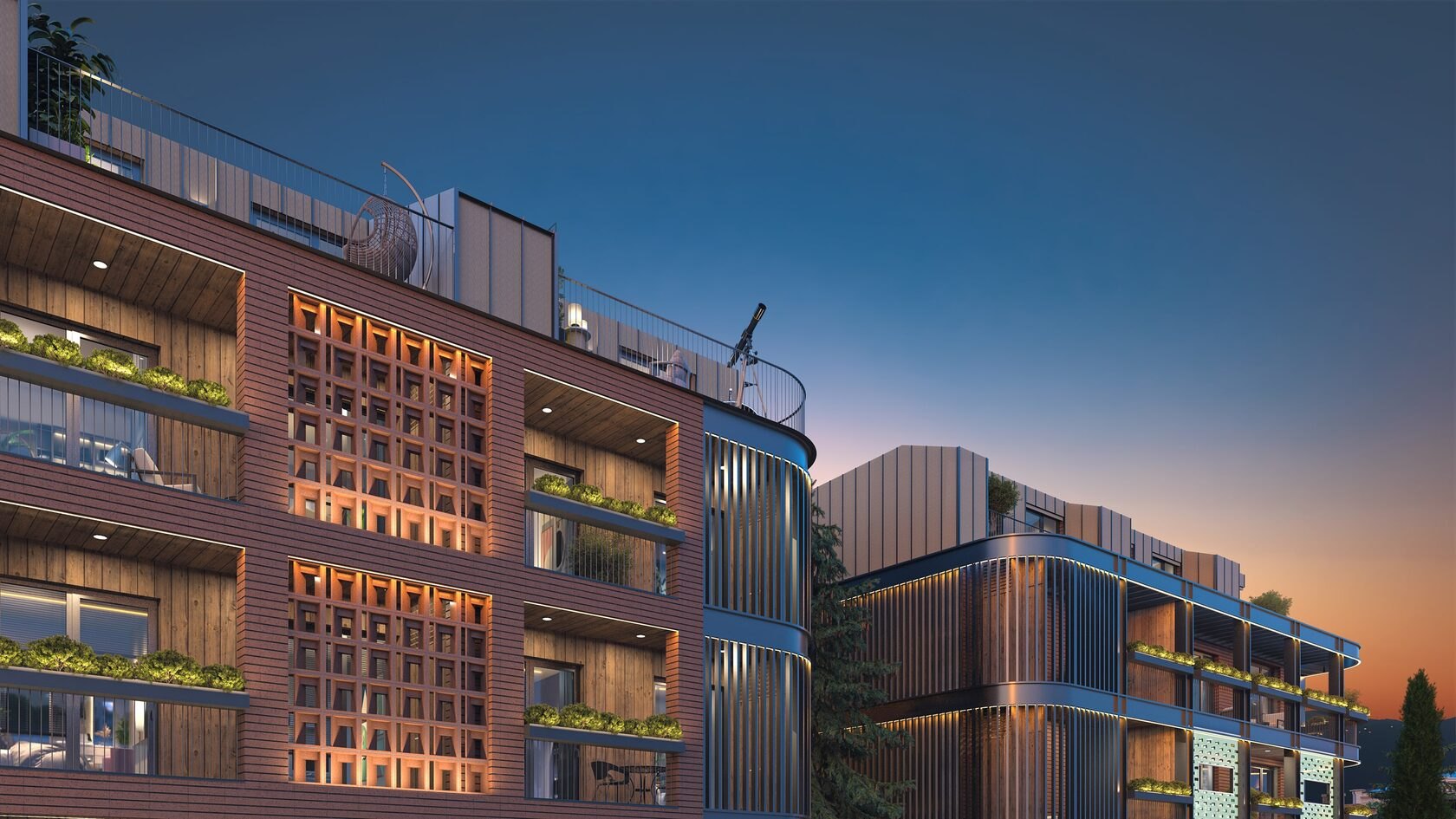 Tbilisi Downtown by NEXT: Courtyard at night · Architectural rendering